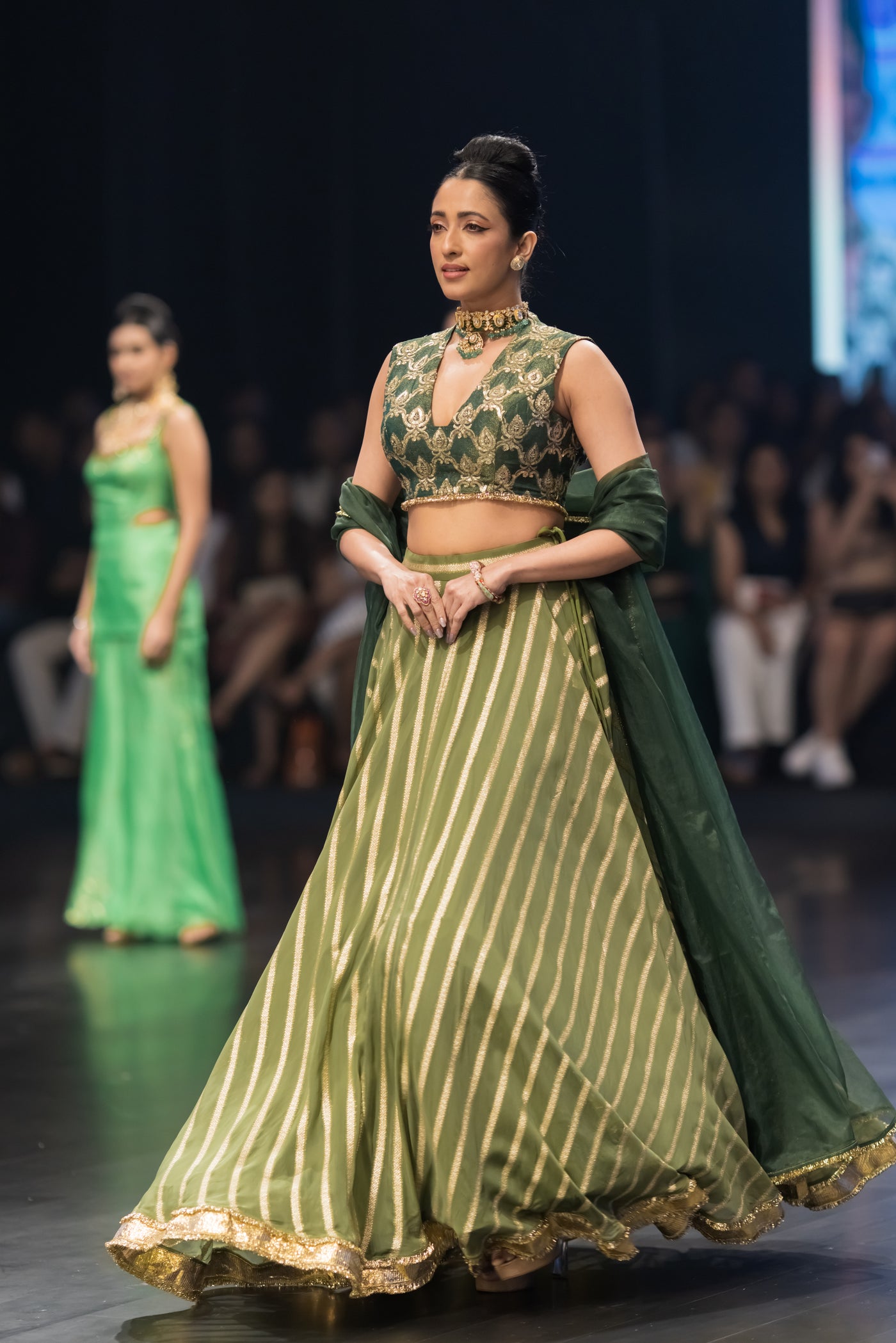 Sap Green Stripes Lehenga Set