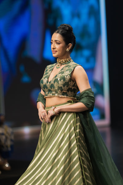 Sap Green Stripes Lehenga Set