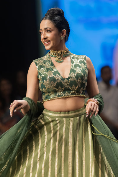 Sap Green Stripes Lehenga Set