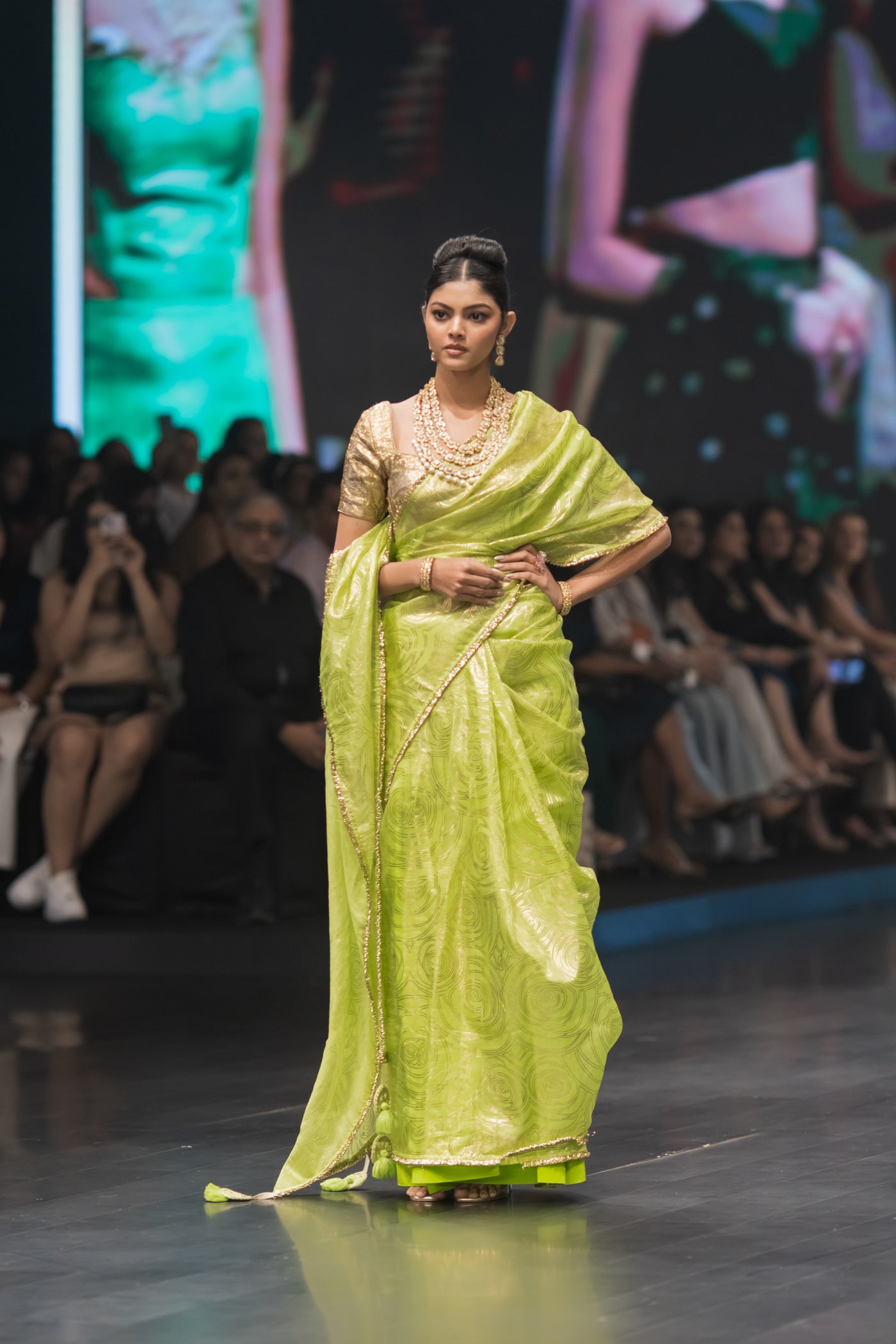 Parrot Green Foil Rose Saree with Gota Blouse