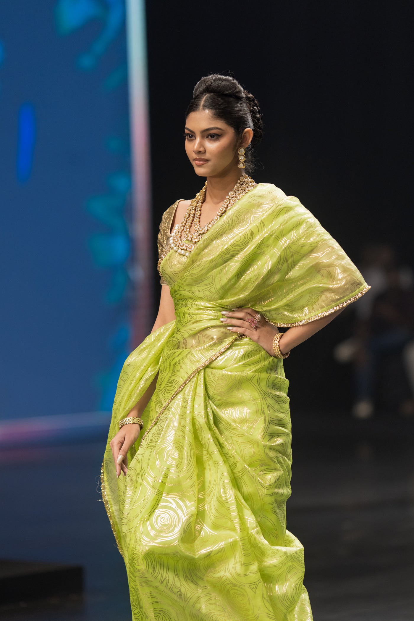 Parrot Green Foil Rose Saree with Gota Blouse