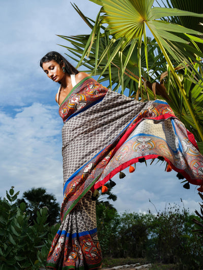 White Fish Madhubani Saree