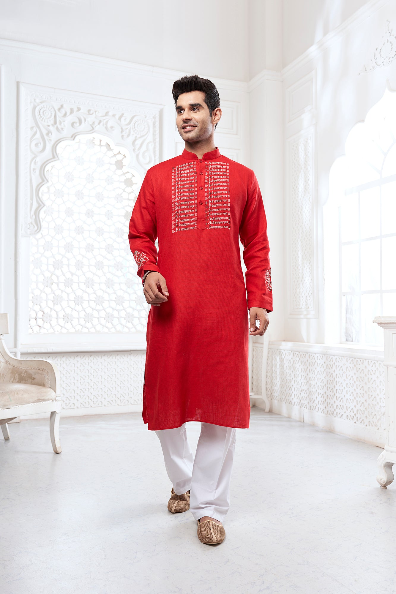 Red Scripture Embroidery Kurta