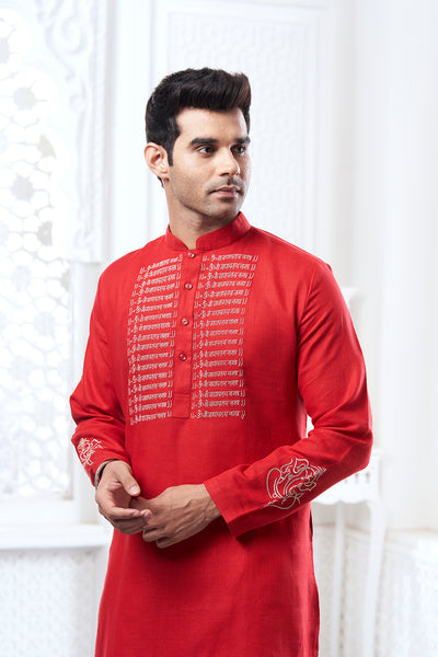 Red Scripture Embroidery Kurta