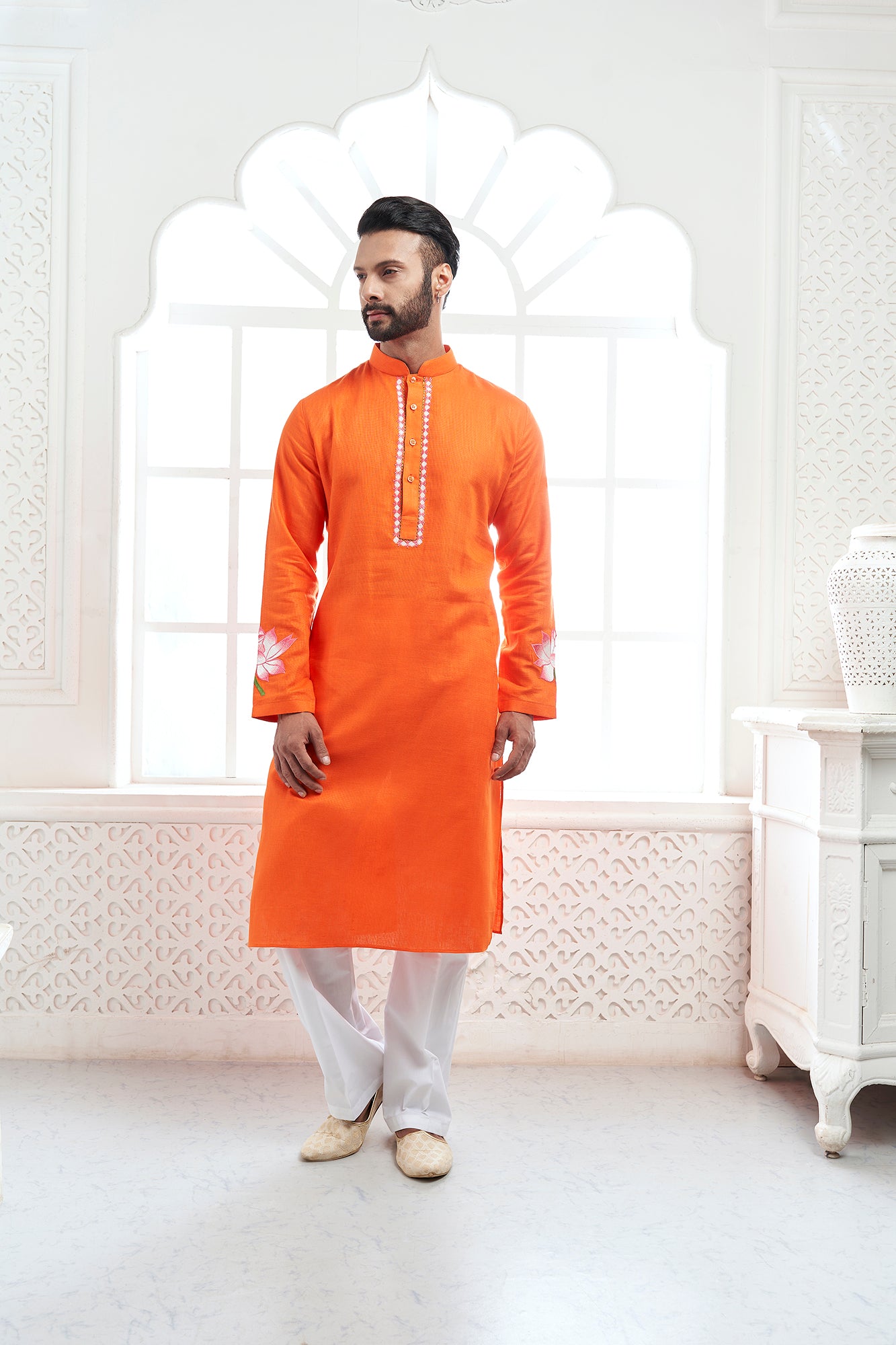 Orange Lotus Embroidery Kurta