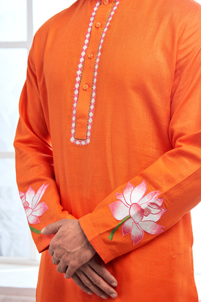 Orange Lotus Embroidery Kurta