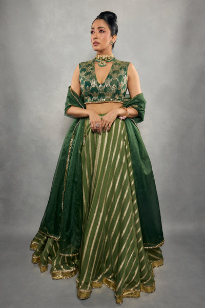 Sap Green Stripes Lehenga Set