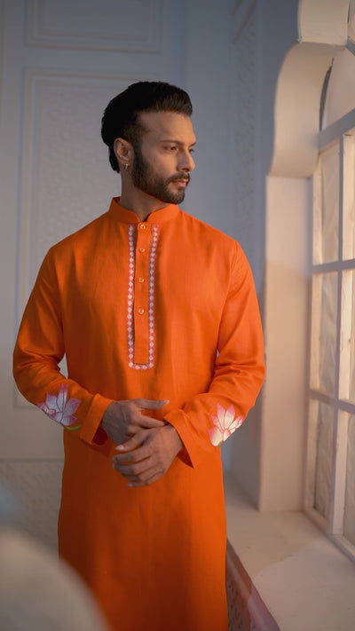 Orange Lotus Embroidery Kurta